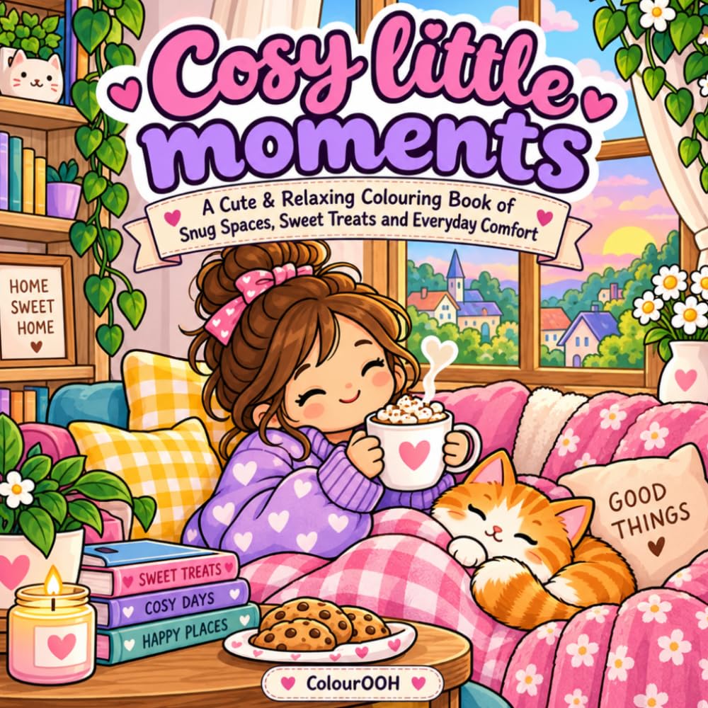 Cosy Little Moments — cosy colouring book cover by ColourOoh